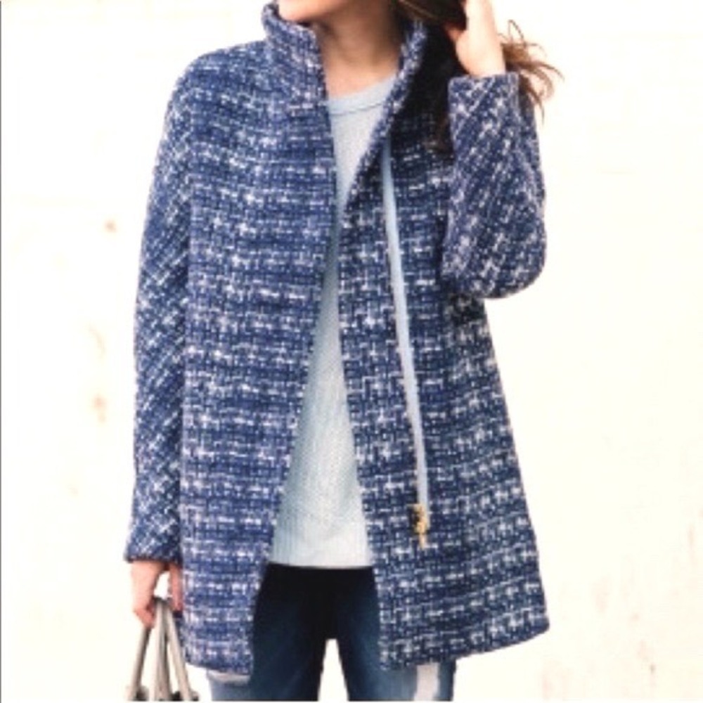 J.Crew Wool Tweed City Coat Women 00 Petite Full Zip Jacket Quiet Luxury Blue XS
